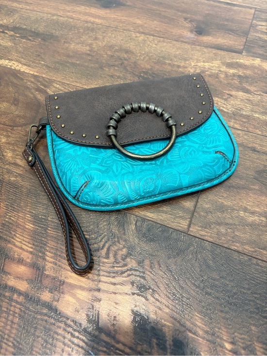 Tony Lama Handbags - Tony Lama Turquoise and Brown Tooled Leather Floral Embossed Wristlet Clutch